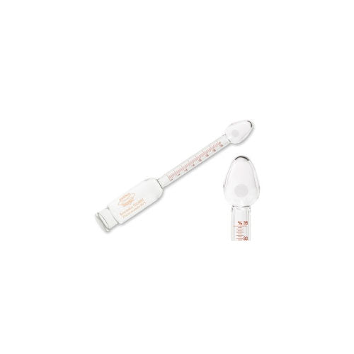 52769. BUTIROMETRO P/LECHE EN POLVO 0-70% TEICHERT C/BULBO CERRADO C/ETIQUETA ESMERILADA, CUELLO 17/18MM Y TAPONES DE GOMA Y CLAVO DE VIDRIO GERBER