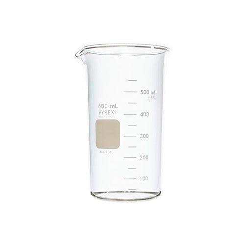 10718. VASO DE PRECIPITADO DE VIDRIO 600ML FORMA ALTA C/PICO BERZELIUS PAQUETE C/2 PIEZAS PYREX