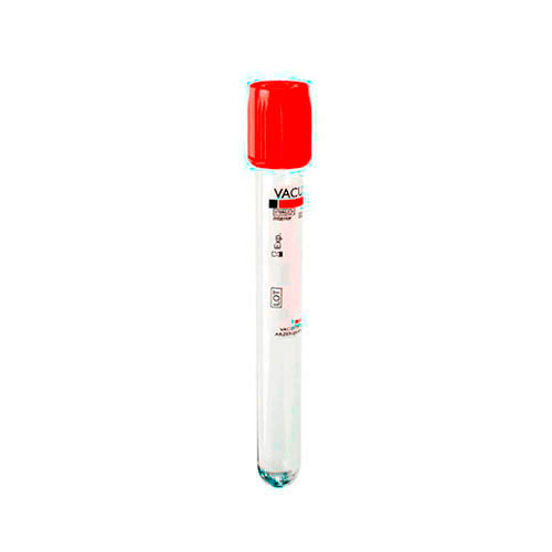 50142. TUBO DE PLASTICO TAPON COLOR ROJO, 6ML, P/TOMA DE MUESTRA SANGUINEA 13X100MM C/ACTIVADOR DE COAGULO PAQUETE C/100 PIEZAS VACUTEST KIMA- REGISTRO SANITARIO 2048R2015 SSA
