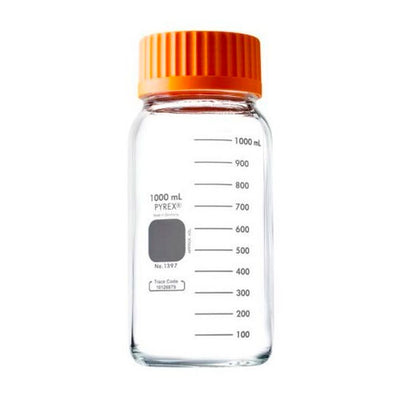 51746. FRASCO DE VIDRIO CLARO 2LT P/MEDIO DE CULTIVO REDONDO BOCA ANCHA C/TAPON DE ROSCA GLS80 NARANJA -PYREX