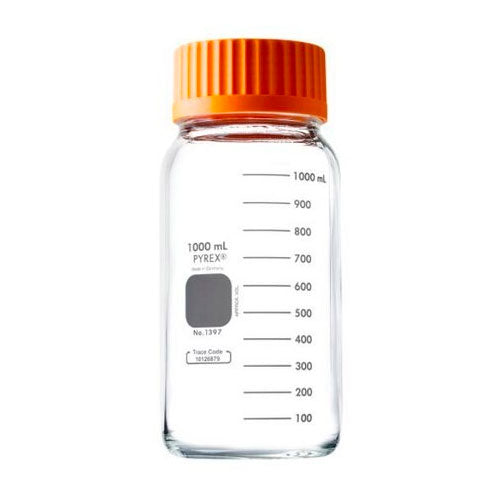 51746. FRASCO DE VIDRIO CLARO 2LT P/MEDIO DE CULTIVO REDONDO BOCA ANCHA C/TAPON DE ROSCA GLS80 NARANJA -PYREX
