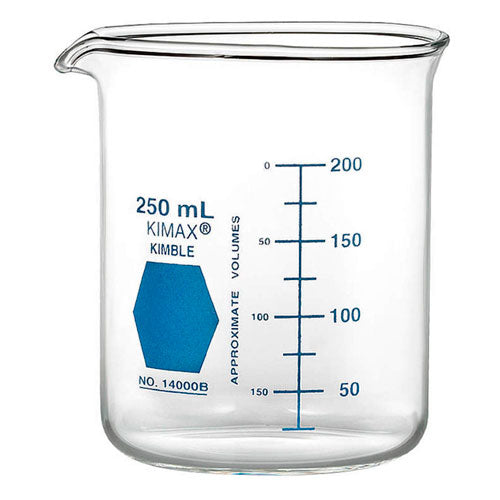 52026. VASO DE PRECIPITADO DE VIDRIO 250ML FORMA BAJA GRIFFIN DECORADO EN AZUL C/2 - KIMAX