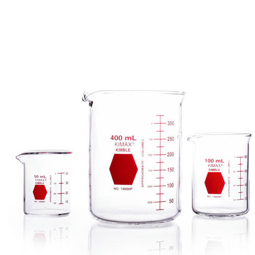 24044. VASO DE PRECIPITADO DE VIDRIO 100ML FORMA BAJA GRIFFIN DECORACION EN ROJO, GRADUADO PAQUETE C/3 PIEZAS KIMAX