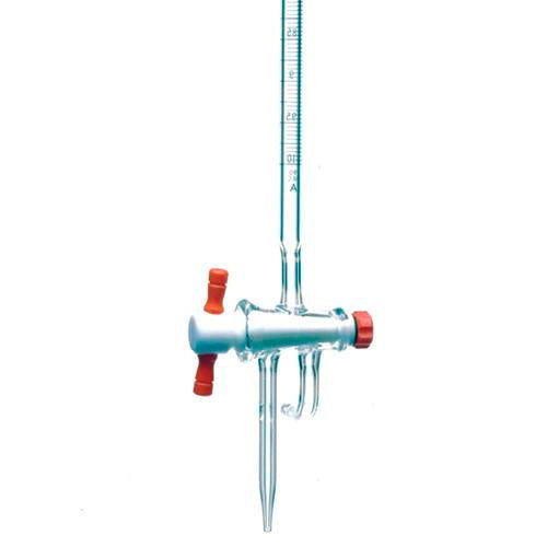 1882. BURETA DE VIDRIO 100ML CLASE A 3 VIAS CERO AUTOMATICA SERIALIZADA/CERTIFICADA C/LLAVE DE TEFLON KIMAX