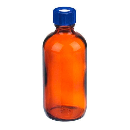31545. FRASCO DE VIDRIO AMBAR 125ML BOCA ANGOSTA C/TAPA DE POLIPROPILENO AZUL, S149-0125 I-CHEM