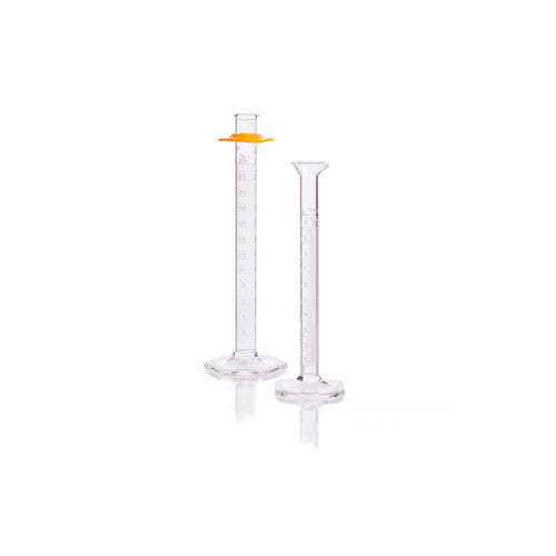 24138. PROBETA (MEDIDA CILINDRICA) DE VIDRIO 25ML CLASE A DOBLE ESCALA METRICA BLANCA BASE HEXAGONAL C/TOPE SAFE-GARD KIMAX