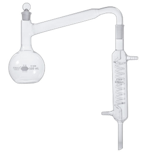 51675. APARATO DE DESTILACION DE VIDRIO 500ML COMPLETO, INCLUYE MATRAZ C/JUNTA 19/38, TAPON Y CONDENSADOR GRAHAM 200MM - KIMAX