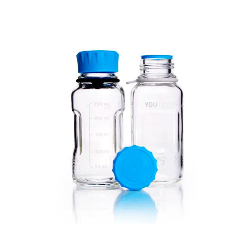 52358. FRASCO DE VIDRIO TRANSPARENTE 250ML YOUTILITY GRADUADO GL45 C/TAPA ROSCADA Y ANILLO DE VERTIDO DE POLIPROPILENO - DURAN