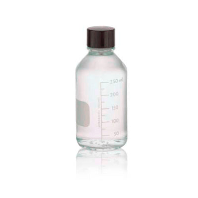 17458. FRASCO VIDRIO CLARO 250ML BOCA ANGOSTA GRADUADO C/TAPON DE ROSCA FENOLICO NEGRO C/REVESTIMIENTO DE LDPE  PAQ. C/2- WHEATON