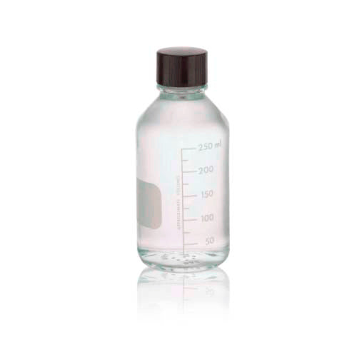 17458. FRASCO VIDRIO CLARO 250ML BOCA ANGOSTA GRADUADO C/TAPON DE ROSCA FENOLICO NEGRO C/REVESTIMIENTO DE LDPE  PAQ. C/2- WHEATON