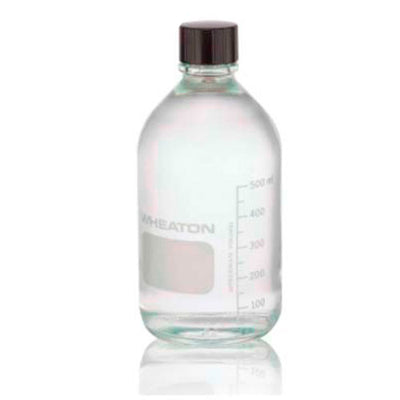 50715. FRASCO VIDRIO CLARO 500ML BOCA ANGOSTA GRADUADO C/TAPON DE ROSCA FENOLICO NEGRO C/REVESTIMIENTO DE GOMA - WHEATON