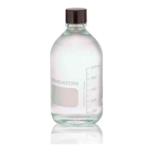 50715. FRASCO VIDRIO CLARO 500ML BOCA ANGOSTA GRADUADO C/TAPON DE ROSCA FENOLICO NEGRO C/REVESTIMIENTO DE GOMA - WHEATON