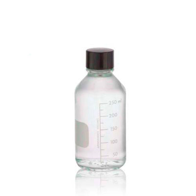 17456. FRASCO VIDRIO CLARO 250ML BOCA ANGOSTA GRADUADO C/TAPON DE ROSCA FENOLICO NEGRO C/REVESTIMIENDO DE TEFLON - WHEATON