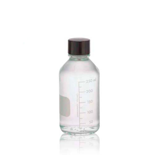 17456. FRASCO VIDRIO CLARO 250ML BOCA ANGOSTA GRADUADO C/TAPON DE ROSCA FENOLICO NEGRO C/REVESTIMIENDO DE TEFLON - WHEATON