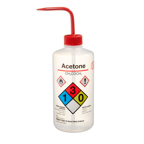 51539. PIZETA (FRASCO LAVADOR) 500ML ACETONA, BOCA ANGOSTA SALIDA SUPERIOR C/TAPA ROJA LDPE - NALGENE