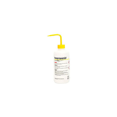 3354. PIZETA (FRASCO LAVADOR) 500ML ISOPROPANOL, BOCA ANGOSTA SALIDA SUPERIOR C/TAPA AMARILLA, ETIQUETA GHS, DE POLIETILENO BAJA DENSIDAD NALGENE