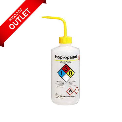 1473. PIZETA (FRASCO LAVADOR) 250ML ISOPROPANOL, BOCA ANGOSTA SALIDA LATERAL C/TAPA AMARILLA, ETIQUETA GHS, LDPE PAQUETE C/2 PIEZAS NALGENE