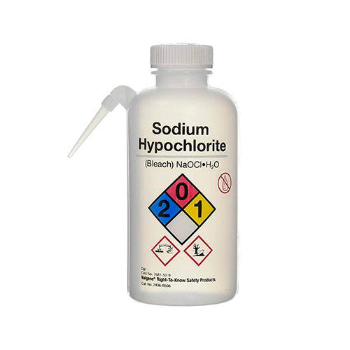 1474. PIZETA (FRASCO LAVADOR) 250ML HIPOCLORITO DE SODIO, BOCA ANGOSTA SALIDA LATERAL C/TAPA BLANCA, ETIQUETA GHS PAQUETE C/2 PIEZAS NALGENE