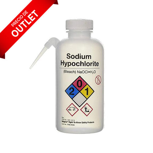 1474. PIZETA (FRASCO LAVADOR) 250ML HIPOCLORITO DE SODIO, BOCA ANGOSTA SALIDA LATERAL C/TAPA BLANCA, ETIQUETA GHS PAQUETE C/2 PIEZAS NALGENE