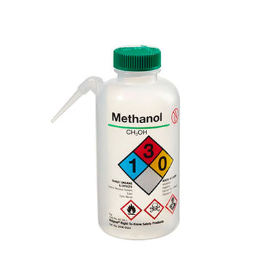 3355. PIZETA (FRASCO LAVADOR) 500ML METANOL, BOCA ANGOSTA SALIDA LATERAL C/TAPA VERDE, ETIQUETA GHS, LDPE NALGENE