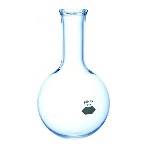 23164. MATRAZ DE EBULLICION DE VIDRIO 500ML FONDO REDONDO C/CUELLO LARGO Y  REFORZADO KIMAX