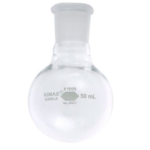 51881. MATRAZ DE VIDRIO 50ML, FONDO REDONDO, CUELLO CORTO, JUNTA 19/22 -KIMAX