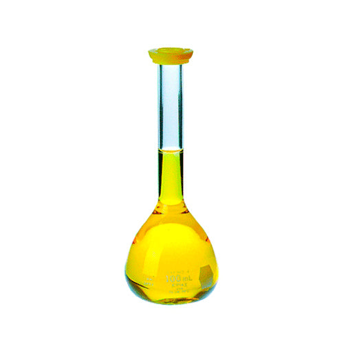 24155. MATRAZ VOLUMETRICO DE VIDRIO 250ML CLASE B C/TAPA TIPO SNAP COLOR AMARILLO KIMAX