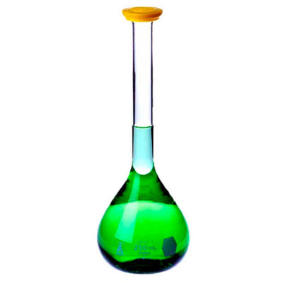 29783. MATRAZ VOLUMETRICO DE VIDRIO 50ML CLASE A CERTIFICADO C/TAPA A PRESION DE POLIETILENO AMARILLO, SERILIZADO Y CERTIFICADO KIMAX