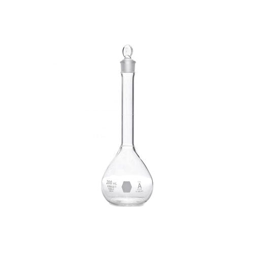 52039. MATRAZ VOLUMETRICO DE VIDRIO 200ML CLASE A C/TAPON DE VIDRIO - KIMAX