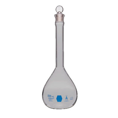 28919. MATRAZ VOLUMETRICO DE VIDRIO 5ML CLASE A CERTIFICADO LOTE, DECORADO AZUL C/TAPON DE VIDRIO KIMAX