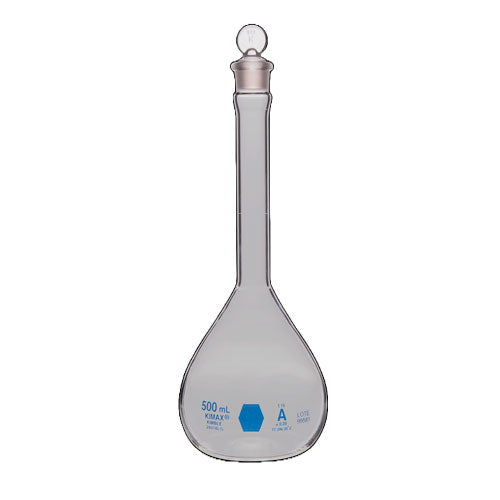 28919. MATRAZ VOLUMETRICO DE VIDRIO 5ML CLASE A CERTIFICADO LOTE, DECORADO AZUL C/TAPON DE VIDRIO KIMAX