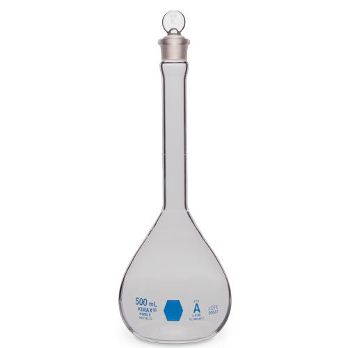51891. MATRAZ VOLUMETRICO DE VIDRIO 500ML CLASE A CERTIFICADO LOTE C/TAPON DE VIDRIO - KIMAX