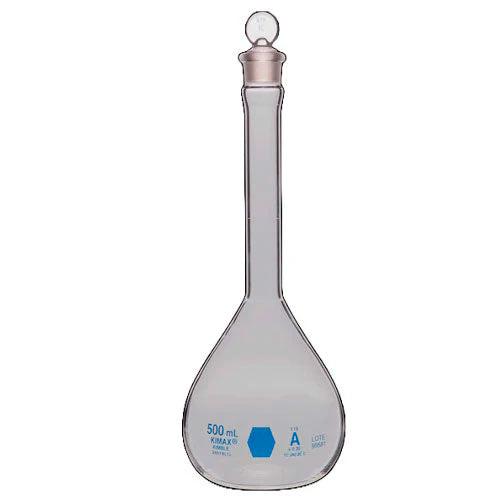 52040. MATRAZ VOLUMETRICO DE VIDRIO 500ML CLASE A CERTIFICADO LOTE, DECORADO AZUL C/TAPON DE POLIETILENO - KIMAX