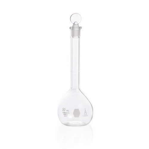 52033. MATRAZ VOLUMETRICO DE VIDRIO 50ML CLASE A C/TAPON DE POLIPROPILENO 14/23 KIMAX