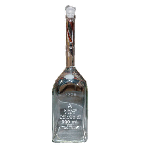 51676. MATRAZ VOLUMETRICO DE VIDRIO 900ML CLASE A FORMA CUADRADA CALIBRADO P/CONTENER C/TAPON DE VIDRIO PENNYHEAD KIMAX