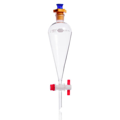27519. EMBUDO DE SEPARACION SQUIBB DE VIDRIO 2LT FORMA DE PERA C/LLAVE TEFLON Y TAPON POLIETILENO KIMAX