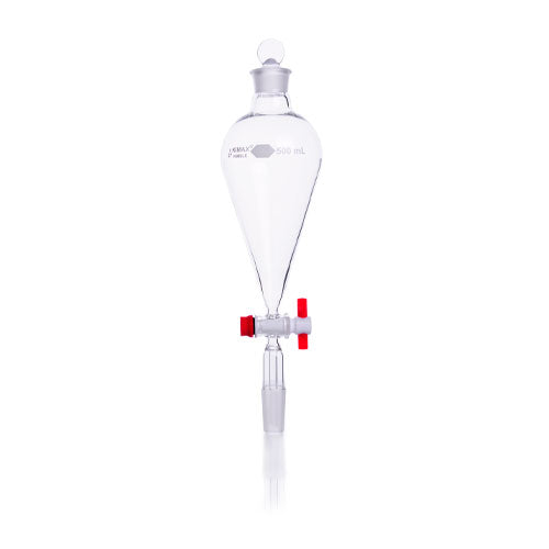 51757. EMBUDO DE SEPARACION DE VIDRIO 125ML FORMA PERA SQUIBB JUNTA CONICA ESTANDAR 24/40 C/TAPON DE VIDRIO Y LLAVE DE PASO DE TEFLON - KIMAX