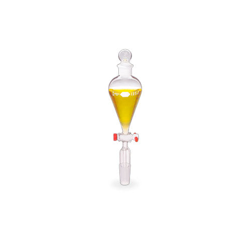 51894. EMBUDO DE SEPARACION SQUIBB DE VIDRIO 500ML FORMA PERA, JUNTA CONICA ESTANDAR 24/40 C/TAPON VIDRIO Y LLAVE DE TEFLON - KIMAX