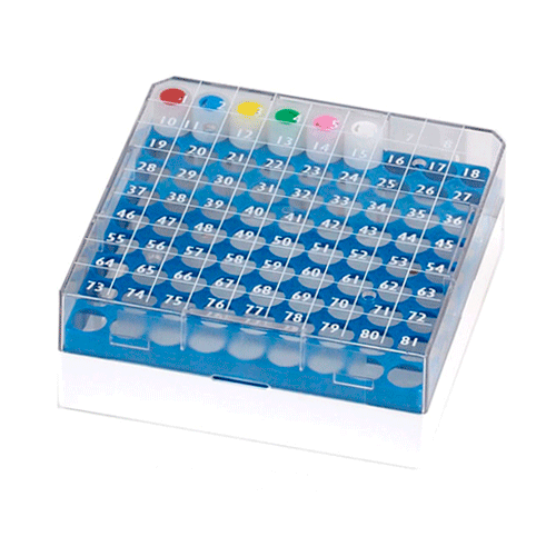 27657. CAJA DE ALMACENAMIENTO P/81 VIALES CRIOGENICOS 1-2ML, CRYOCLEAR POLICARBONATO AZUL C/TAPA TRANSPARENTE PAQUETE C/5 PIEZAS GLOBE SCIENTIFIC