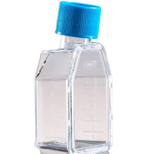 30365. FRASCO P/CULTIVO CELULAR 12.5CM2 RECTANGULAR CUELLO INCLINADO C/TAPON DE ROSCA AZUL VENTILADO PAQUETE C/10 PIEZAS FALCON