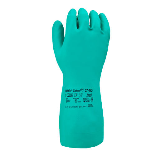 51982. GUANTES DE NITRILO VERDE GROSOR 17MIL/0.46MM FORRO FLOCADO DE ALGODON #7 C/5 PARES SOLVEX
