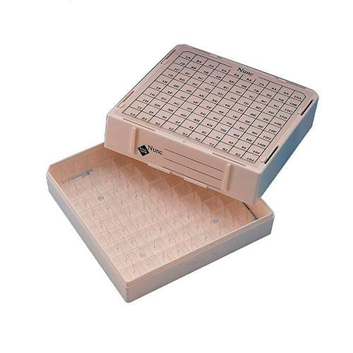 1417. CAJA DE ALMACENAMIENTO P/100 VIALES CRIOGENICOS 1/1.8ML, MAX-100 CRYOSTORE 132X132X52MM, RANGO DE TEMPERATURA -196°C/+121°C, POLICARBONATO COLOR BLANCO C/4 NUNC