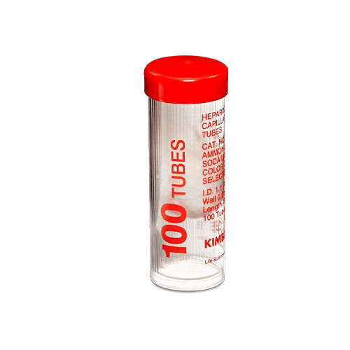 52354. TUBO CAPILAR DE VIDRIO 1.1MM X 75MM LISO C/HEPARINA CODIGO ROJO VIAL (2 PAQUETES C/100 PIEZAS) - KIMBLE