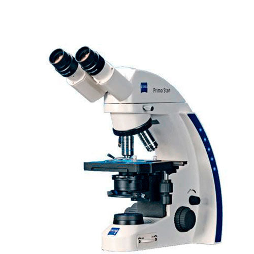 23367. MICROSCOPIO BINOCULAR PRIMOSTAR C/ILUMINACION LED Y HALOGENA, STAND KOHLER FIJO, REVOLVER DE 4 POSICIONES, PLATINA MECANICA 75X30 MANDO DERECHO, OCULARES 10X CARL ZEISS