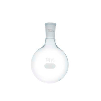 15170. MATRAZ DE EBULLICION DE VIDRIO 500ML FONDO REDONDO PARED GRUESA UNION ESMERILADA 24/40 - PYREX