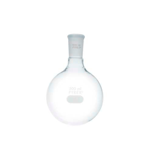 15170. MATRAZ DE EBULLICION DE VIDRIO 500ML FONDO REDONDO PARED GRUESA UNION ESMERILADA 24/40 - PYREX