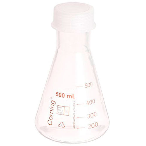 27780. MATRAZ ERLENMEYER 500ML POLIPROPILENO REUSABLE, BOCA ANGOSTA C/TAPON DE ROSCA GL-45 PAQUETE C/2 PIEZAS CORNING