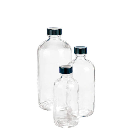 24051. FRASCO DE VIDRIO CLARO 125ML REDONDO S/GRADUACION, BOCA ANGOSTA C/TAPA PLASTICO, CUELLO CORTO PAQUETE C/10 PIEZAS KIMBLE