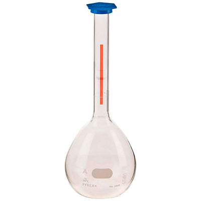 1301. MATRAZ VOLUMETRICO DE VIDRIO CLASE A 50ML LINEA ROJA C/TAPON DE PLASTICO SNAP-CAP - PYREX