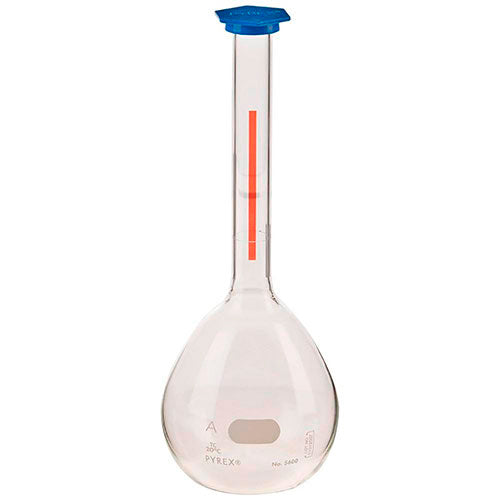 1301. MATRAZ VOLUMETRICO DE VIDRIO CLASE A 50ML LINEA ROJA C/TAPON DE PLASTICO SNAP-CAP - PYREX